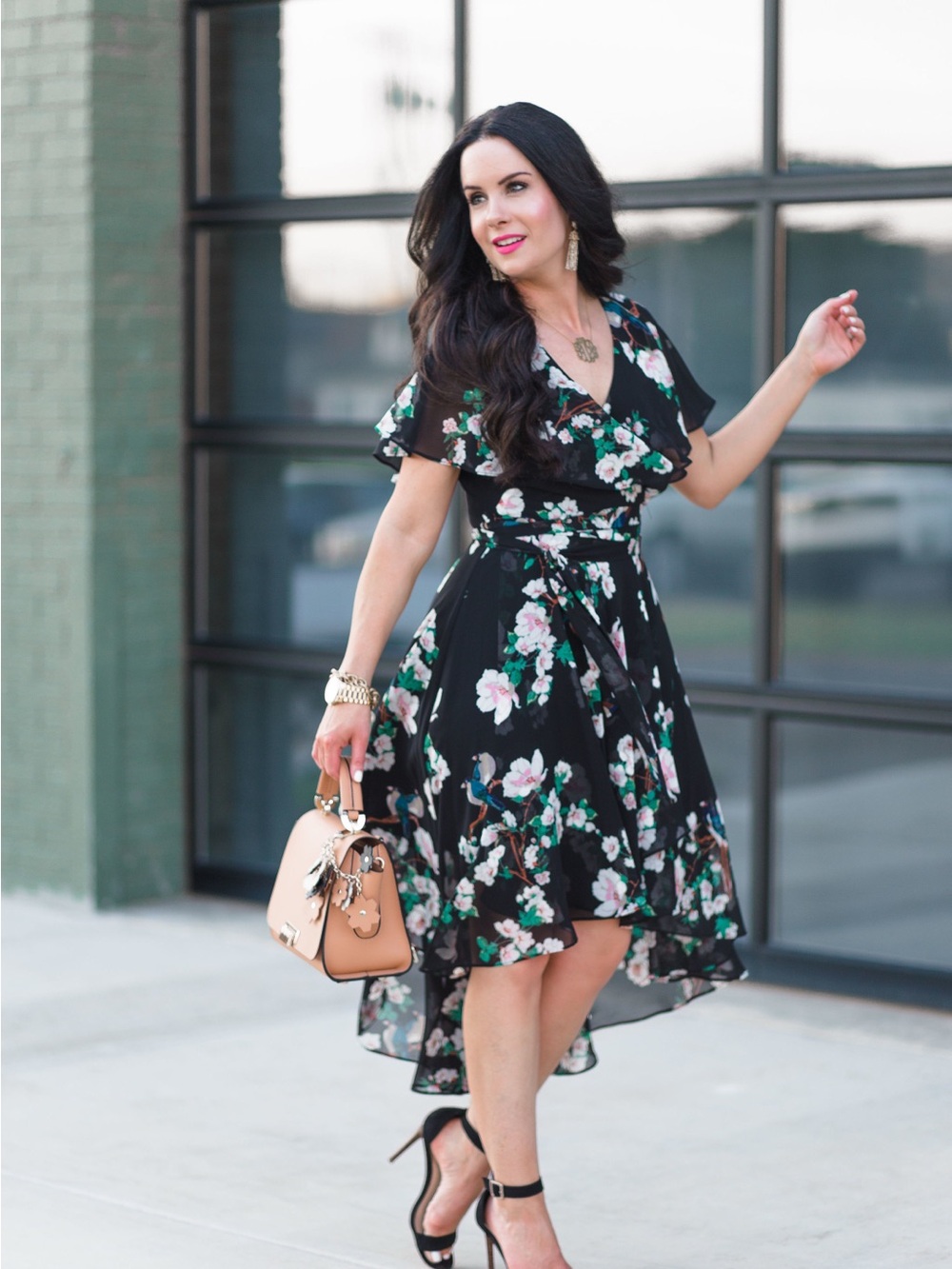 Eliza J Black Floral High-Low Wrap Dress
